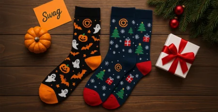 Il n’est jamais trop tard pour offrir un cadeau d’entreprise unique : les chaussettes personnalisées aux couleurs d’Halloween et de Noël